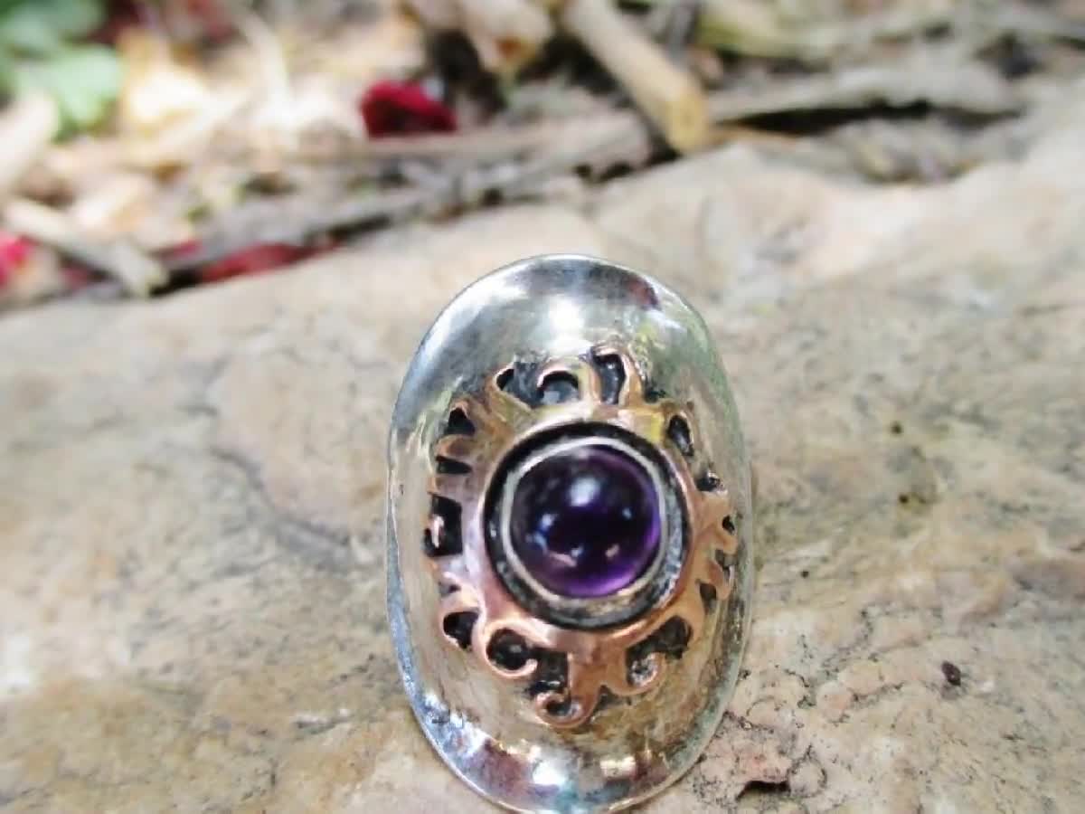 Silver & Gold Amethyst ring ,Two tone gemstone solitaire ring, Domed outlet delicate ring for women, Golden sun ring